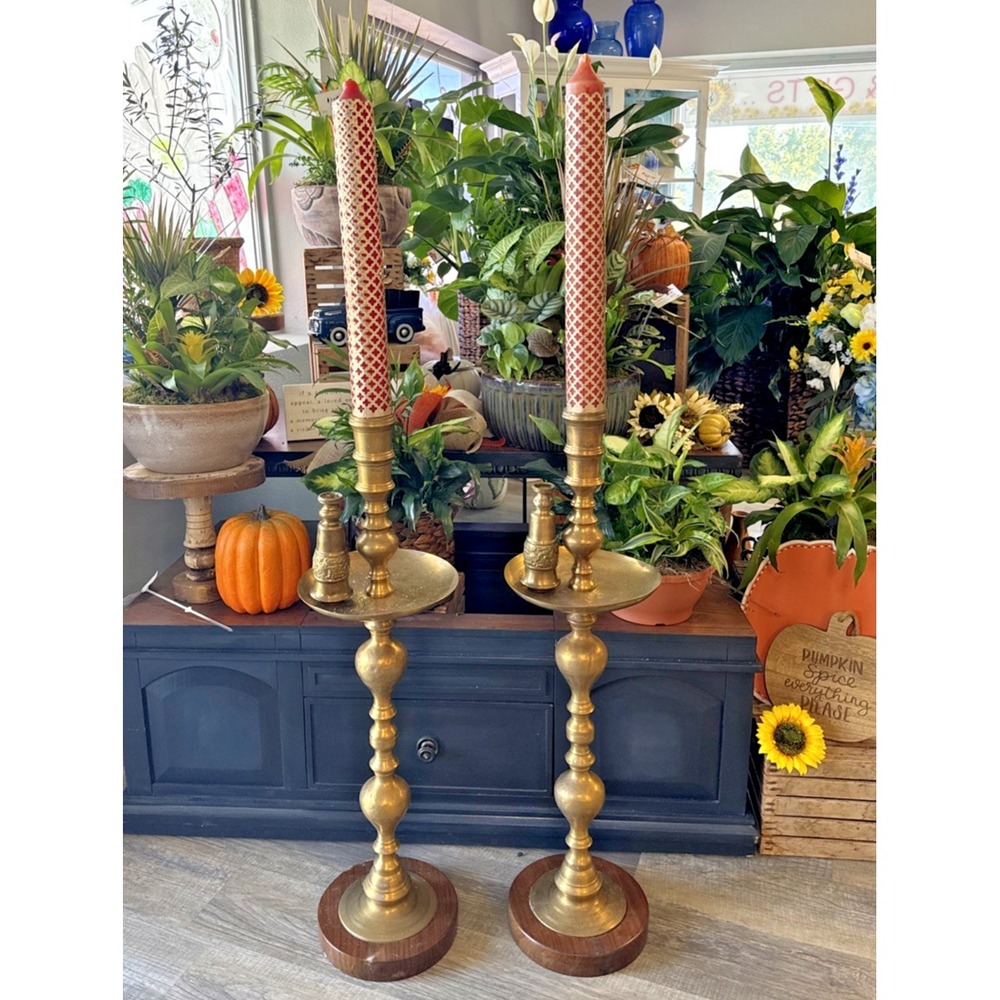 Vintage Tall Etched Brass Floor Candlesticks Pair  38" Set of 2 W/ CANDLES